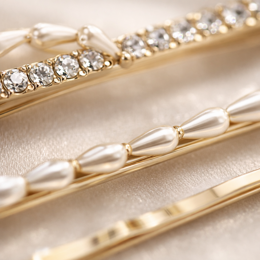 Elegant Faux Pearl and Crystal Hair Pin Trio – 3-Piece Gold Bobby Pin Set with Bow Accent
