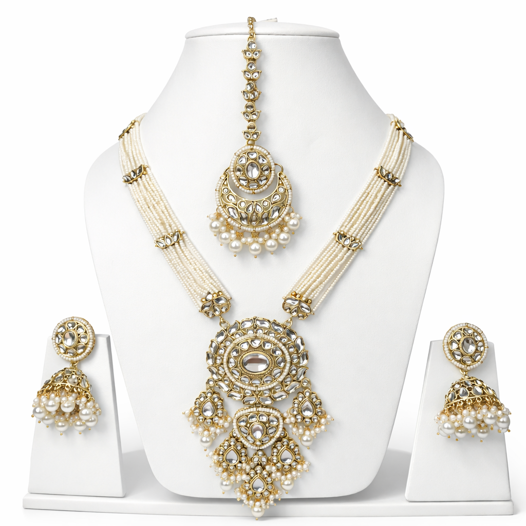Kundan Pearl Bridal Necklace Set with Maang Tikka & Jhumka Earrings