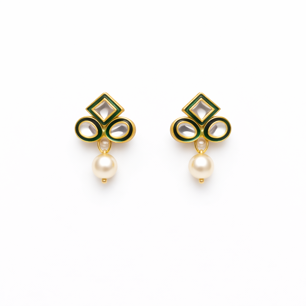 Multi-Strand Pearl Choker Necklace Set with Green Meenakari Flower Pendant