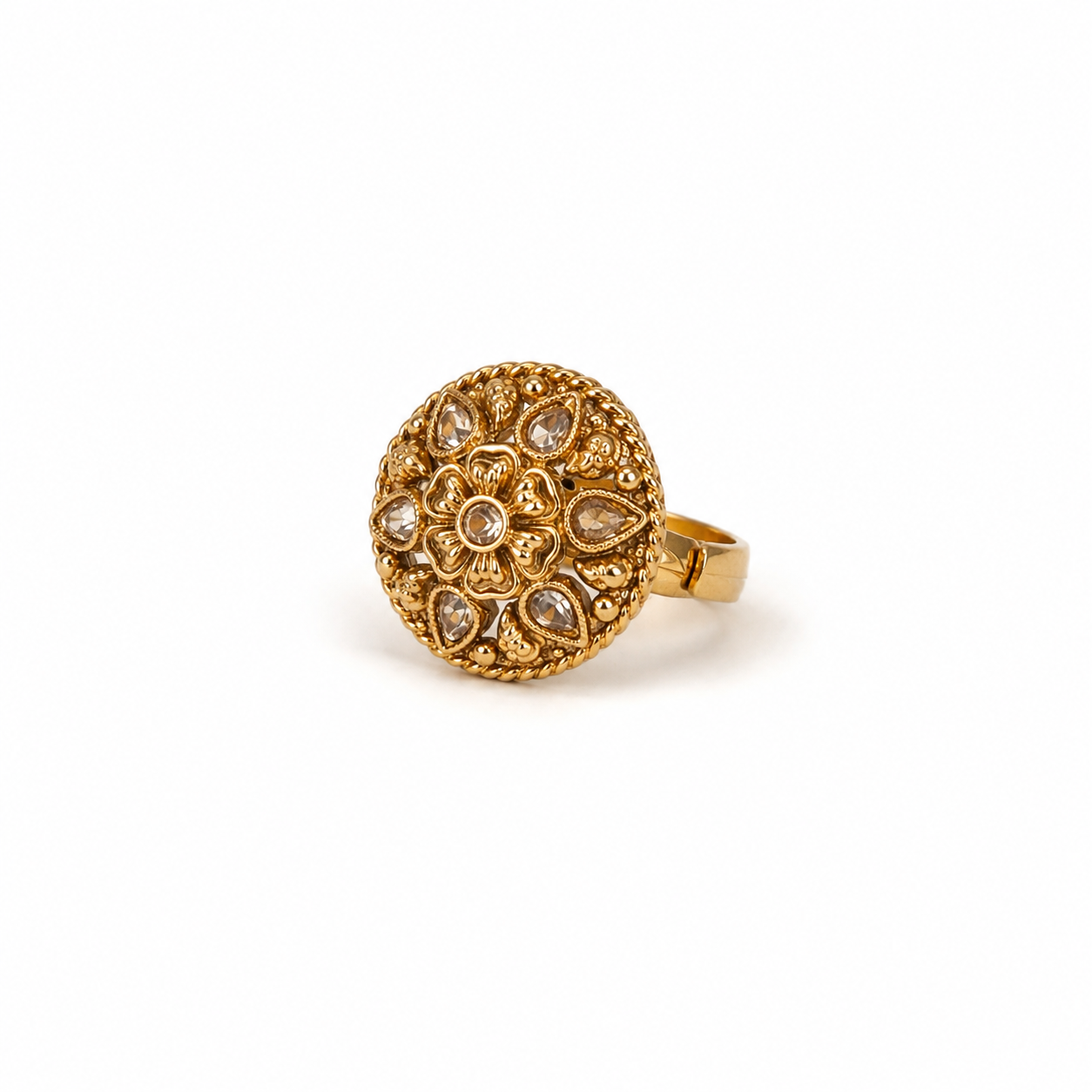 Gold Floral Filigree Teardrop Crystal Ring