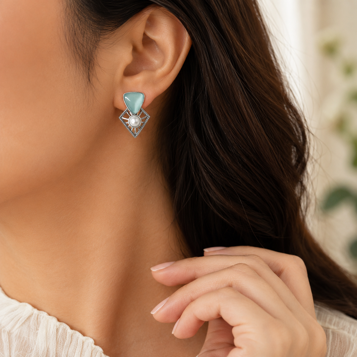 Oxidized Silver Aqua Cat's Eye Stone Pearl Stud Earrings
