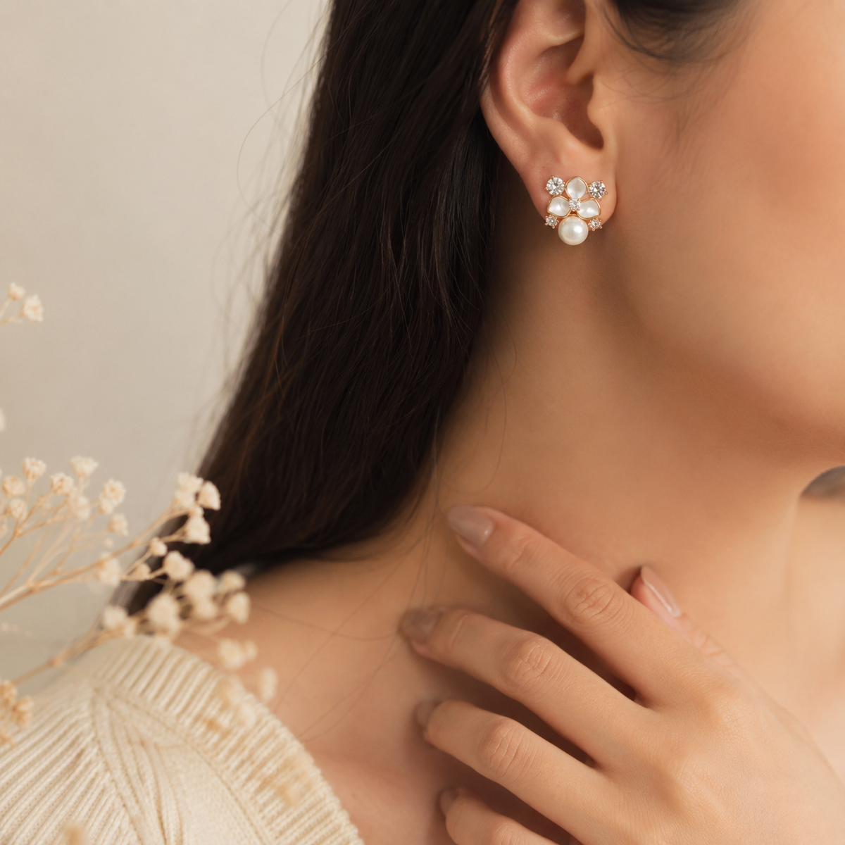 White Enamel Flower Crystal Stud Earrings with Pearl Drop