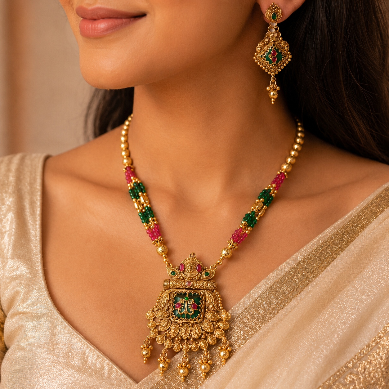 Gold Temple Jewelry Long Necklace Set with Diamond-Shaped Earrings