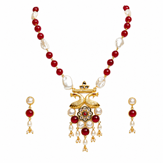 Gold Double Peacock Pendant Necklace Set with Ruby Red Beads & Baroque Pearls