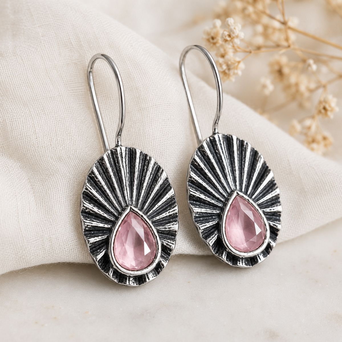 Oxidized Silver Sunburst Pink Crystal Drop Earrings