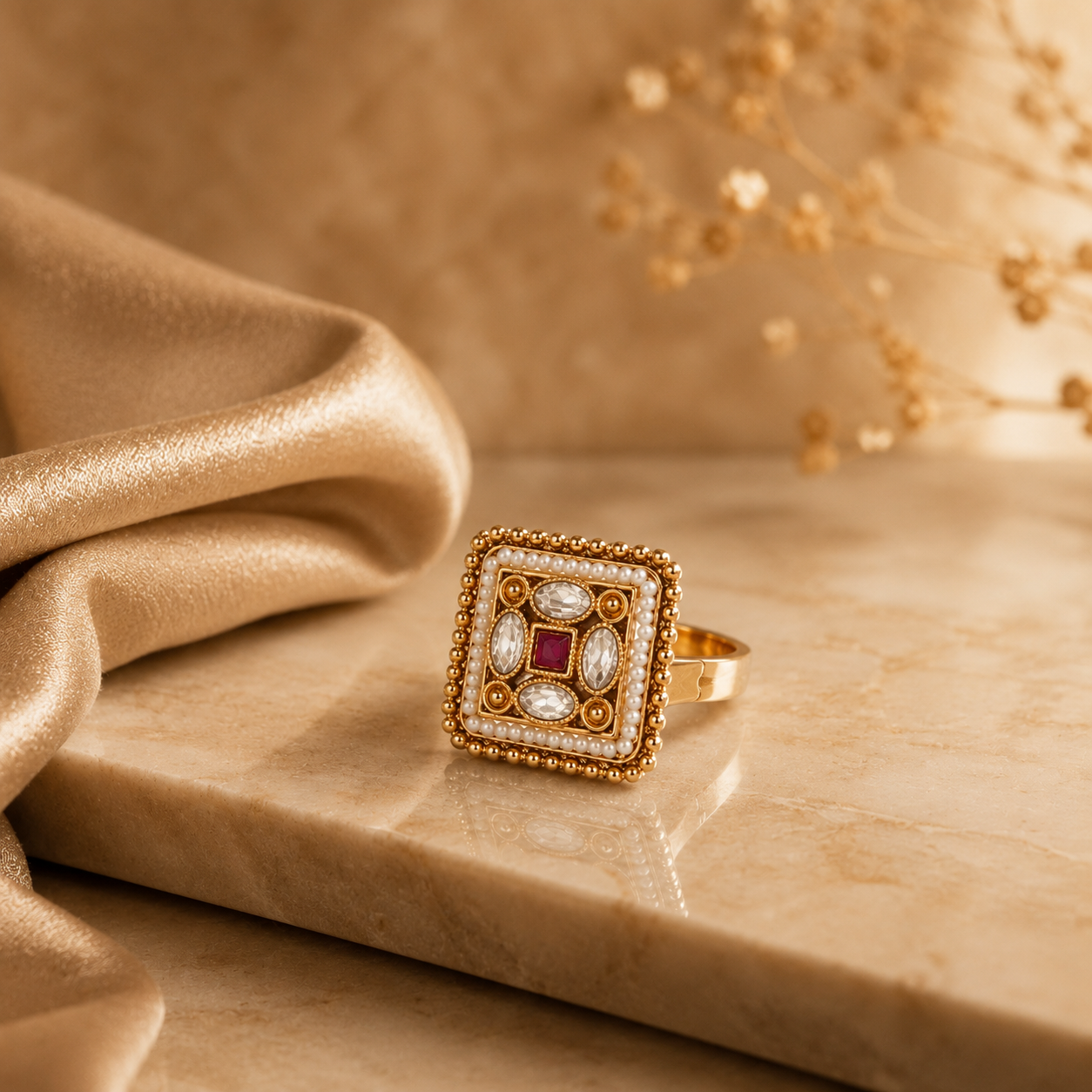 Gold Square Pearl Border Ruby & Crystal Ring