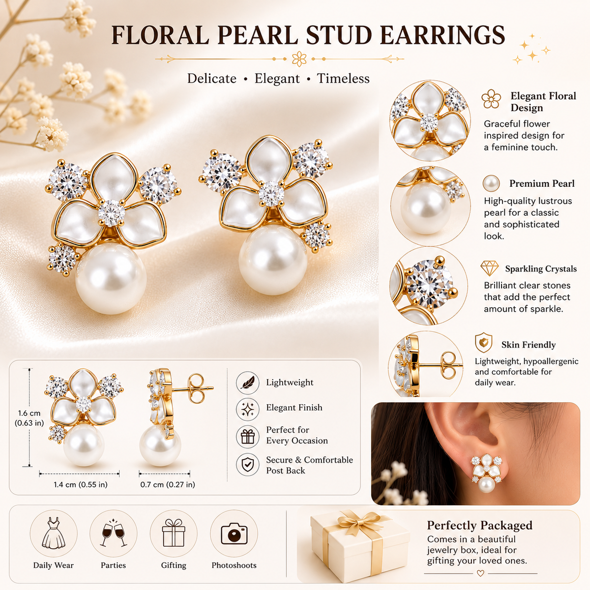 White Enamel Flower Crystal Stud Earrings with Pearl Drop
