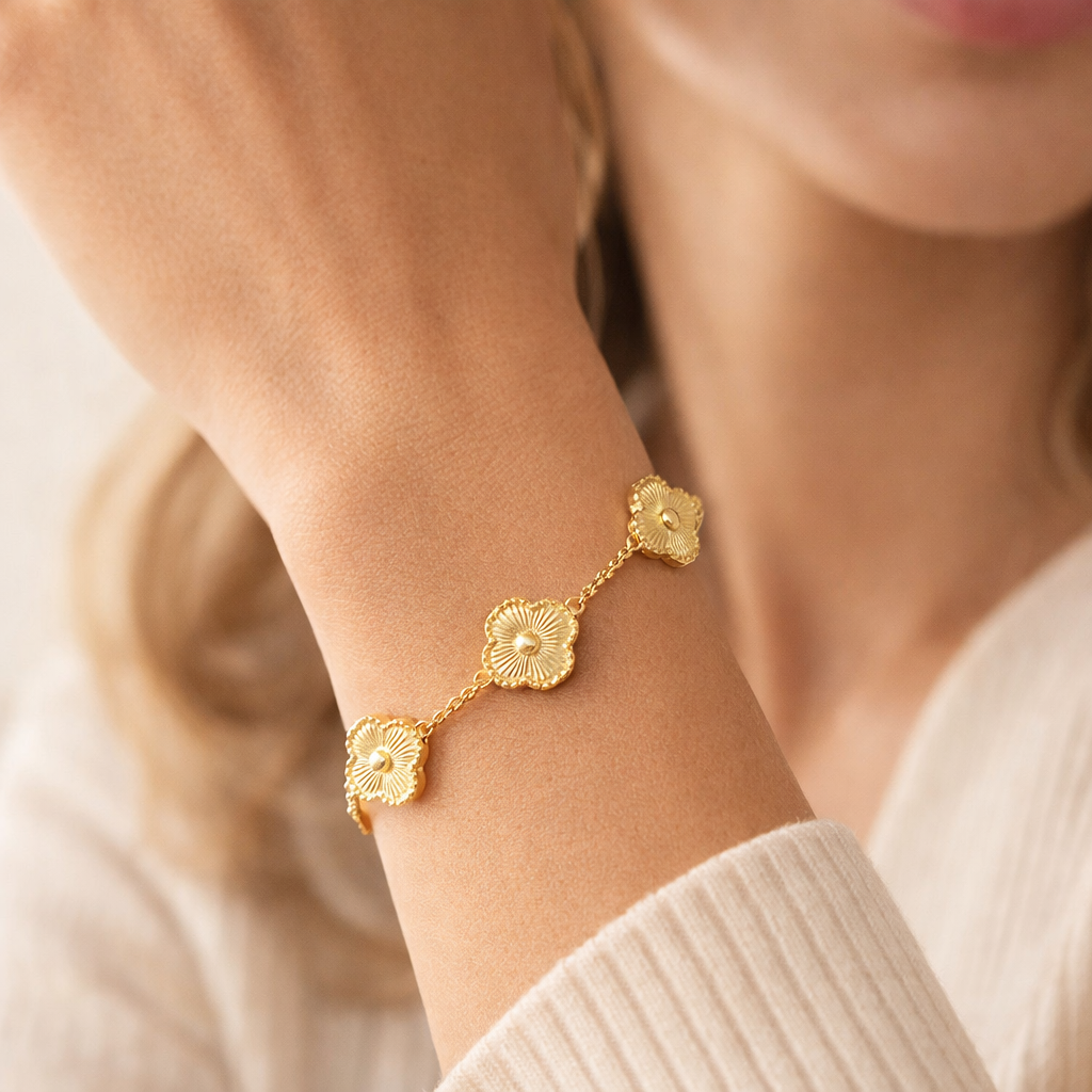 Gold-Plated Stainless Steel Five Clover Charm Bracelet