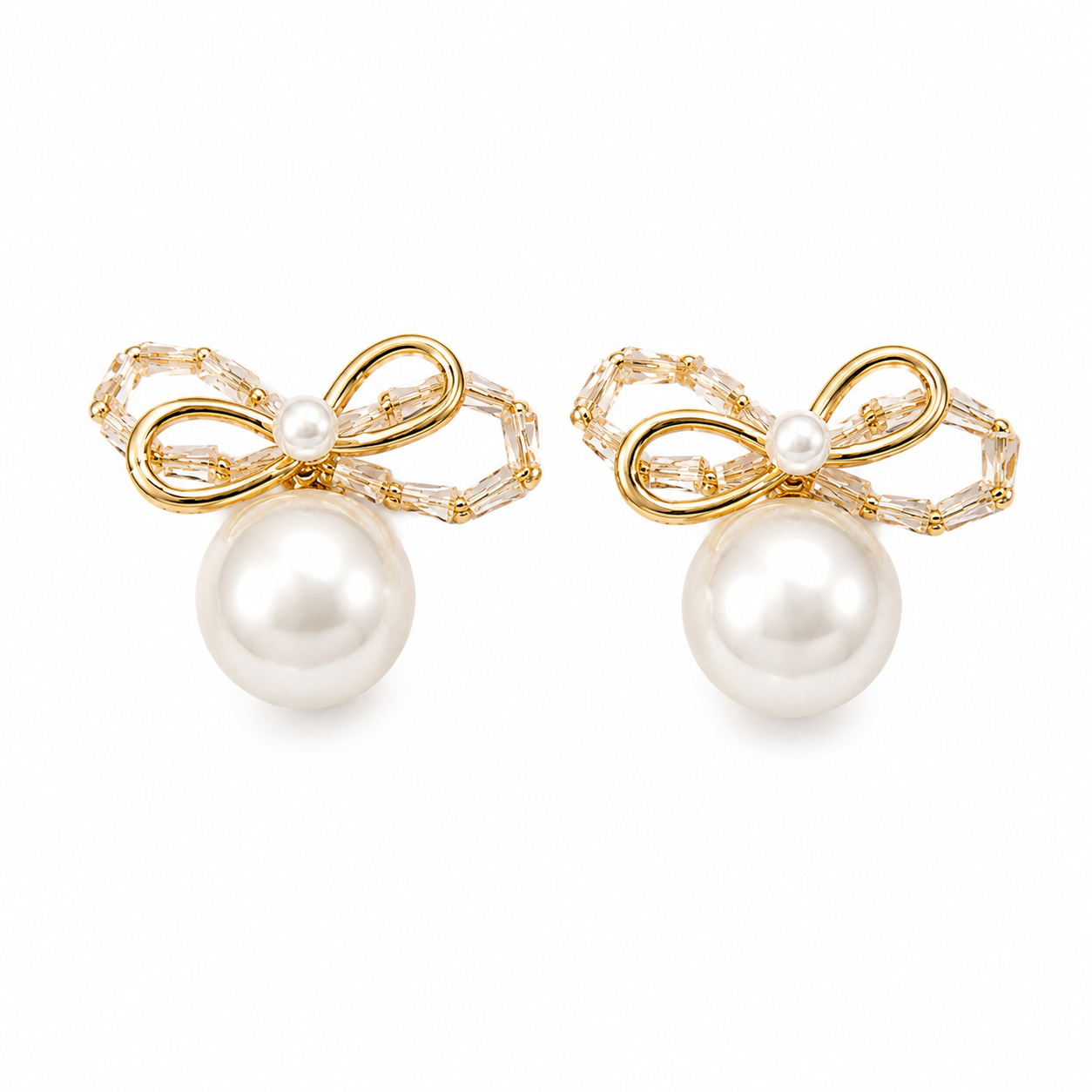 Gold Bow Ribbon Pearl Drop Earrings with Beaded Crystal Accents