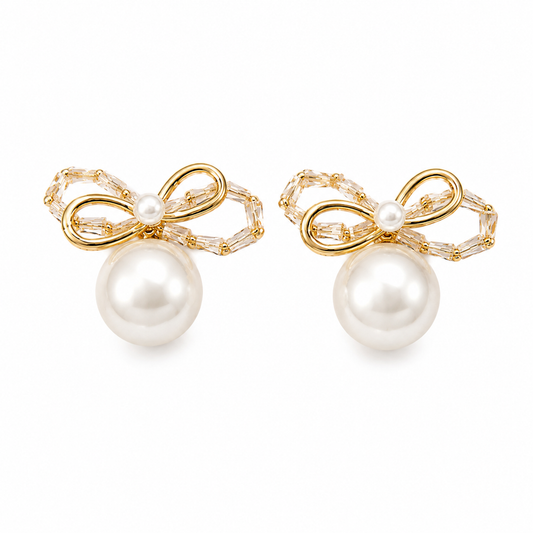 Gold Bow Ribbon Pearl Drop Earrings with Beaded Crystal Accents