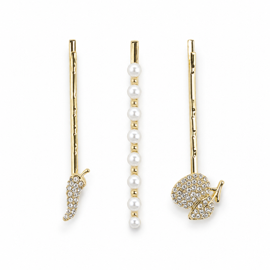 Gold Plated Crystal Pearl Hair Pins Set – Cute Fruit Design Bobby Pins for Women (Pack of 3)