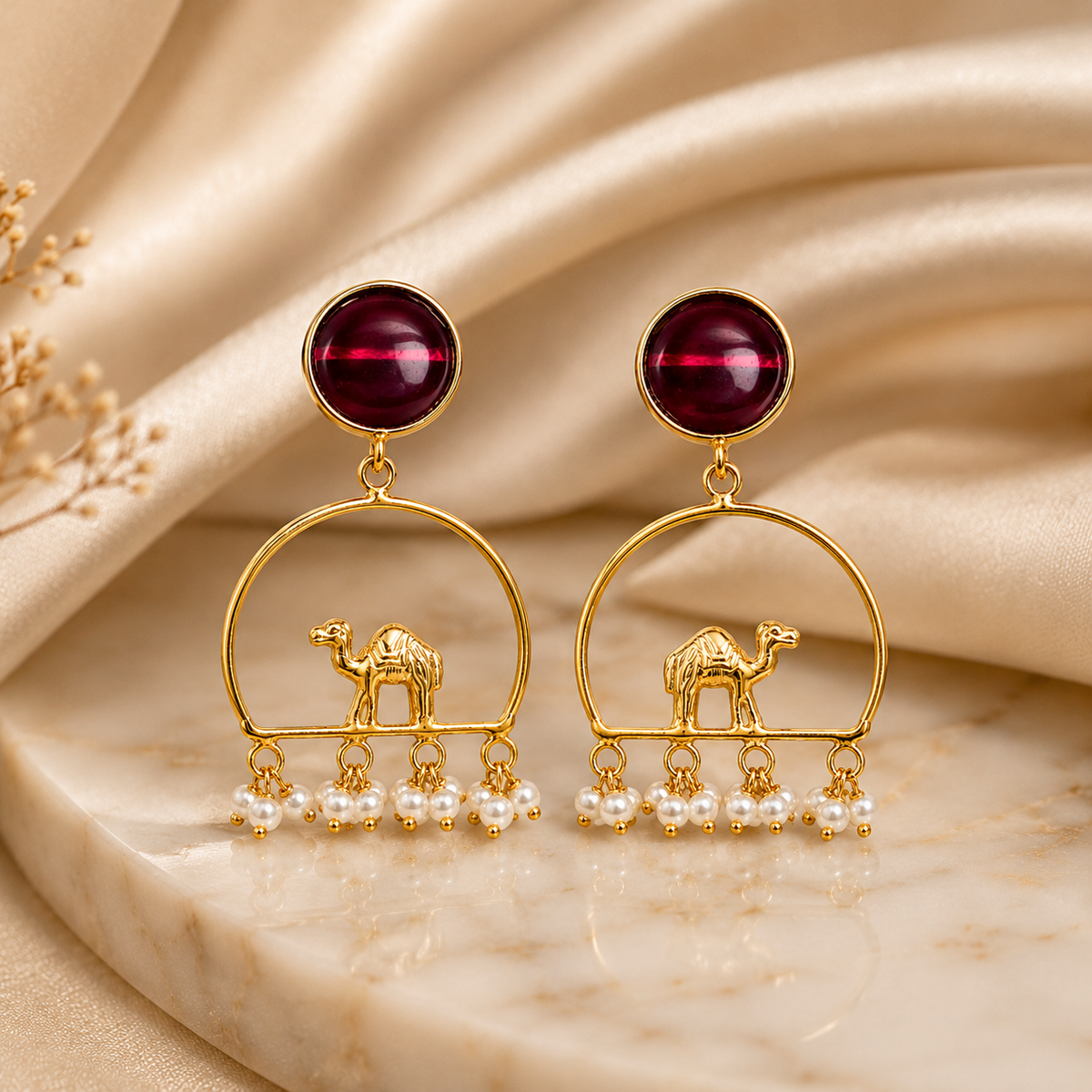 Gold-Plated Camel Chandbali Earrings with Ruby Red Stone & Pearl Tassels
