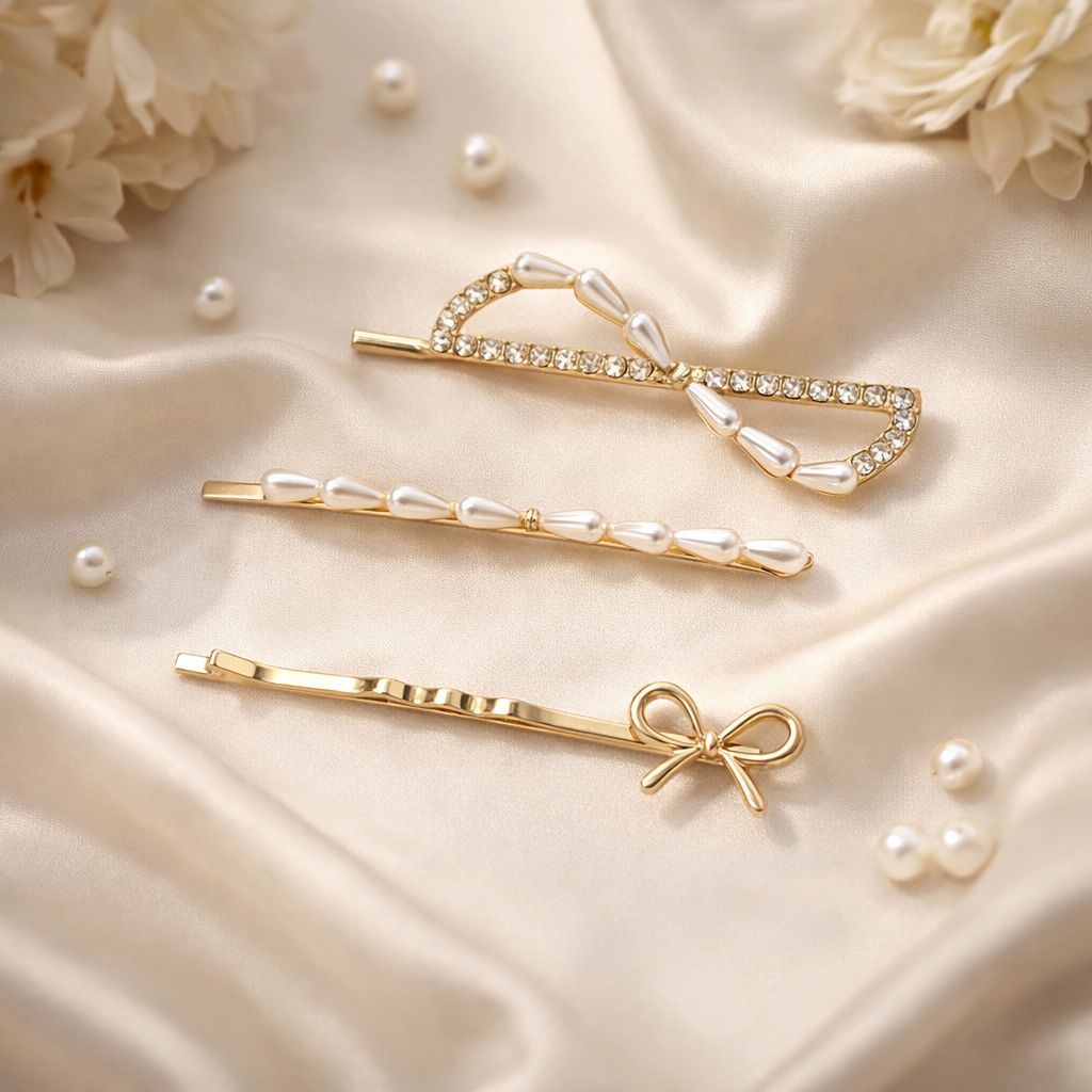 Elegant Faux Pearl and Crystal Hair Pin Trio – 3-Piece Gold Bobby Pin Set with Bow Accent