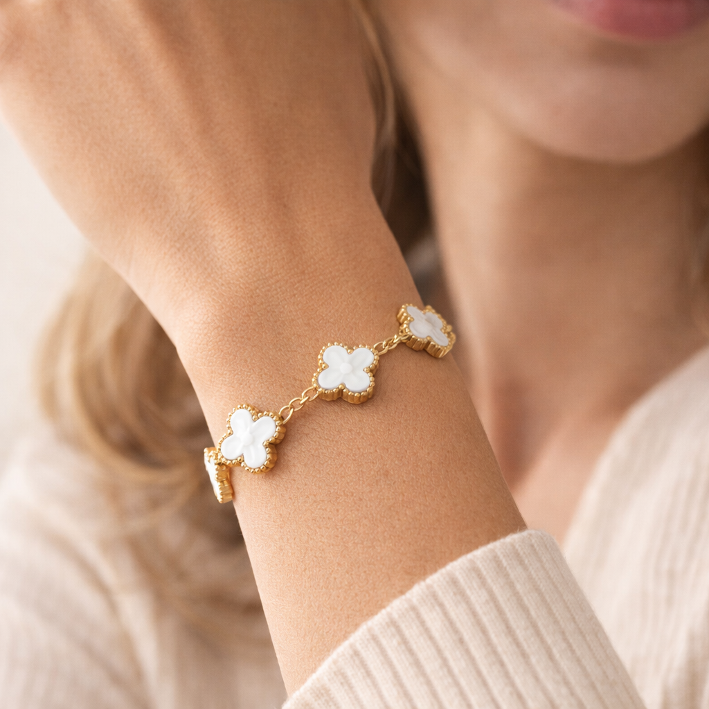 Gold-Plated White Mother-of-Pearl Five Clover Charm Bracelet