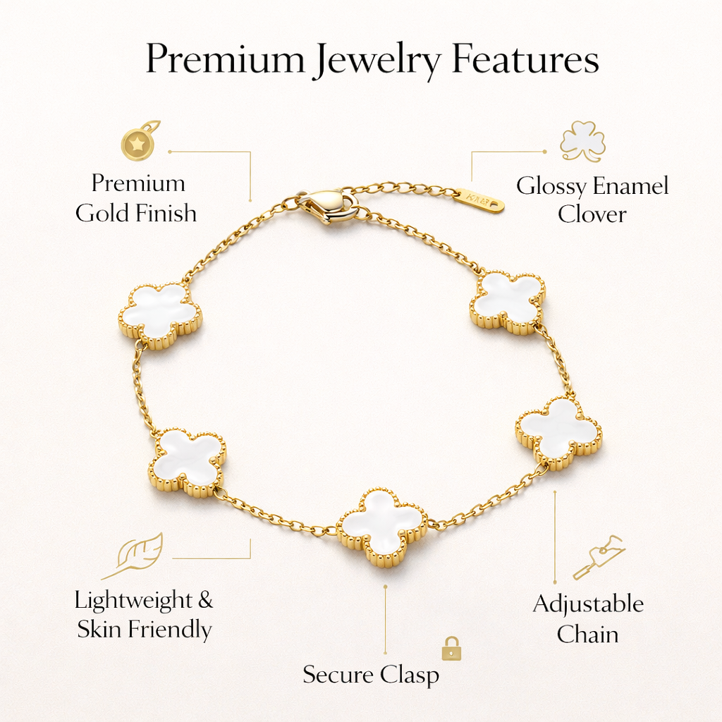 Gold-Plated White Mother-of-Pearl Five Clover Charm Bracelet