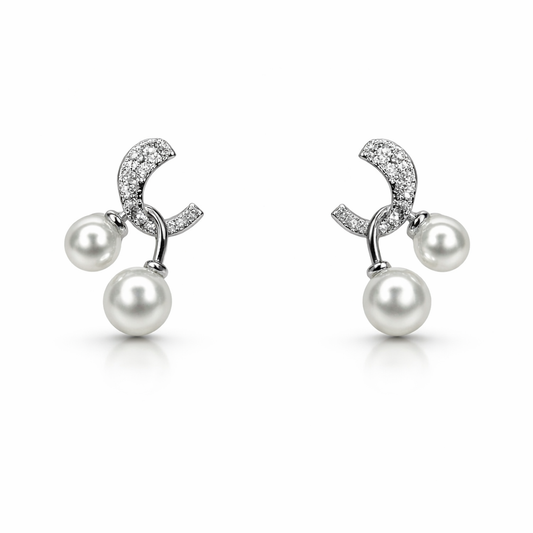 Silver-Tone CZ Crescent Moon Double Pearl Drop Earrings