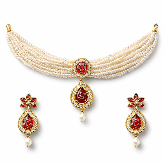 Multi-Strand Pearl Choker Necklace Set with Ruby Red Floral Pendant