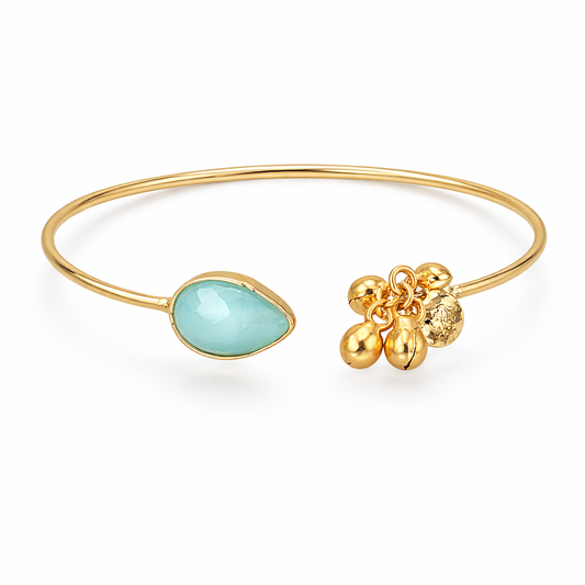 Gold Open Cuff Bracelet with Aqua Stone & Charm Tassels
