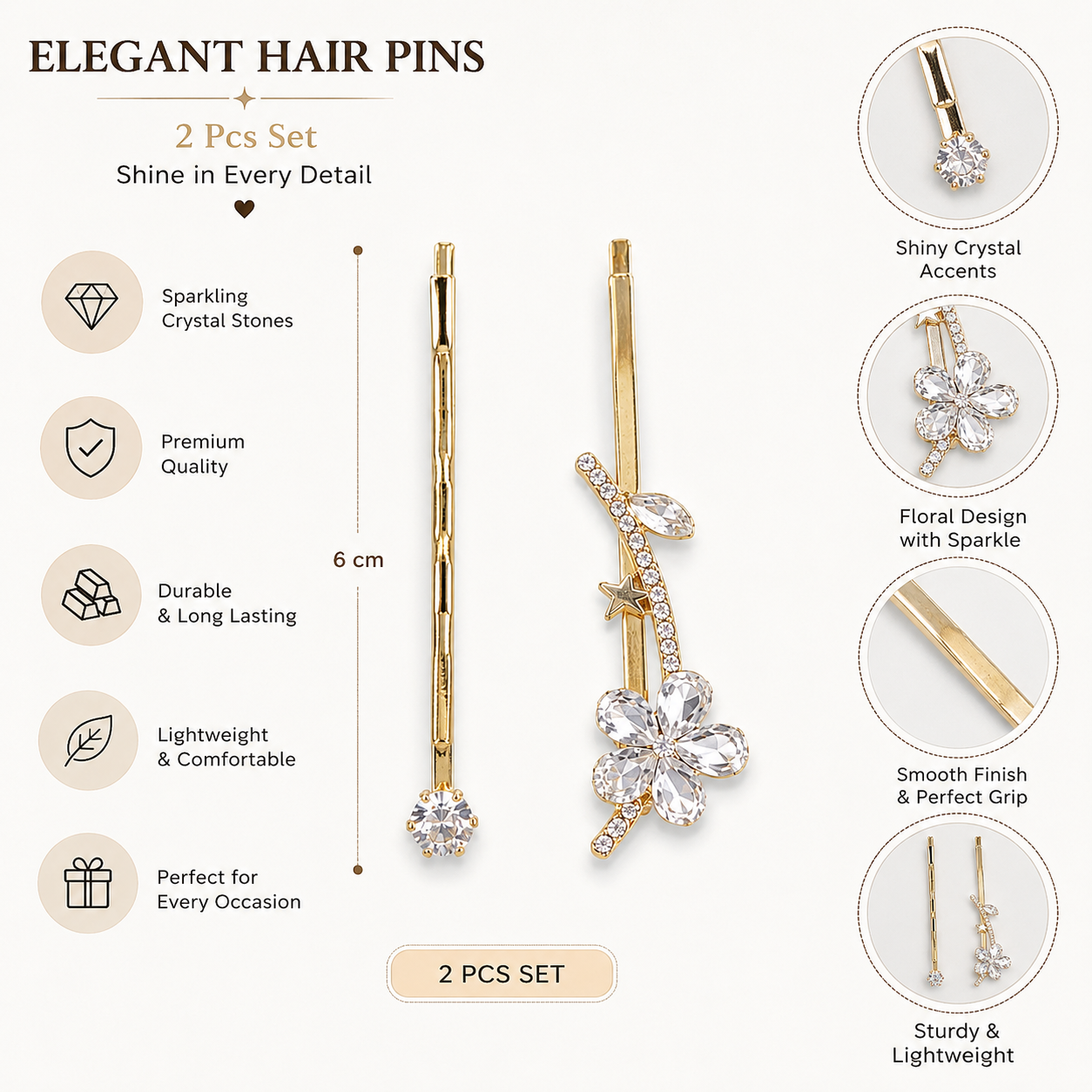 Gold Plated Crystal Flower Hair Pins Set – Star Design Bobby Pins for Women (Pack of 2)