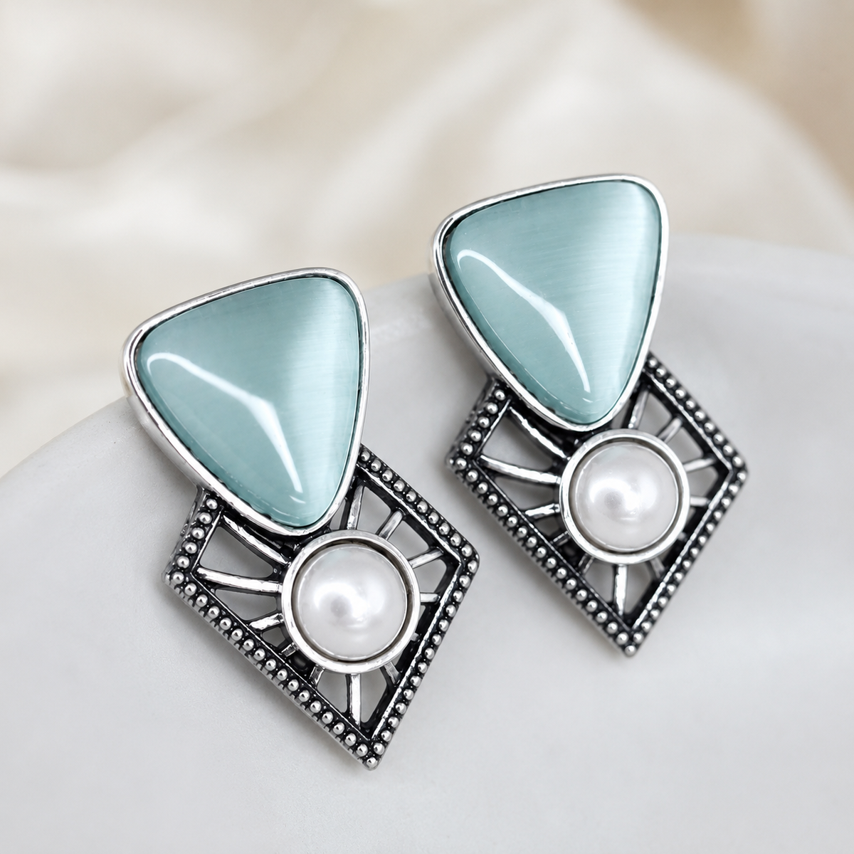 Oxidized Silver Aqua Cat's Eye Stone Pearl Stud Earrings