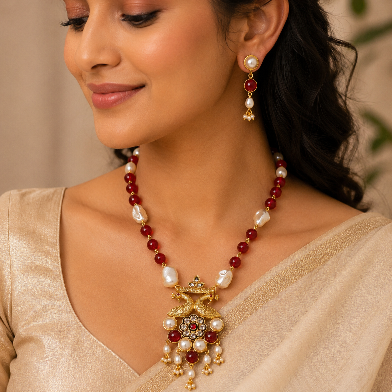Gold Double Peacock Pendant Necklace Set with Ruby Red Beads & Baroque Pearls