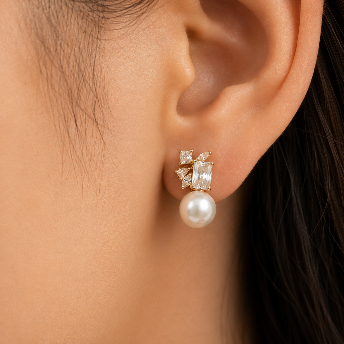 Gold-Plated Baguette Crystal Cluster Pearl Stud Earrings