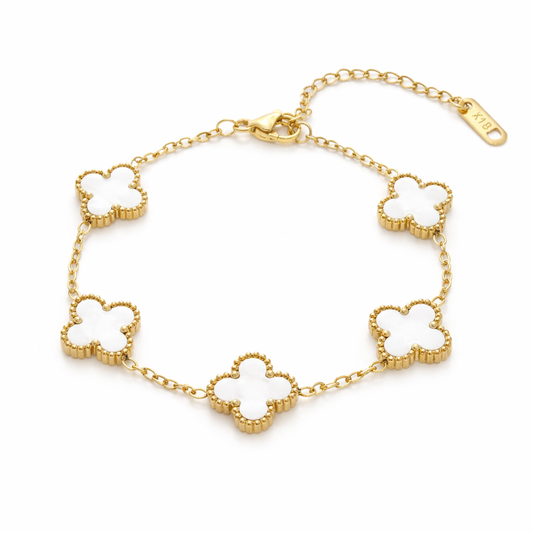 Gold-Plated White Mother-of-Pearl Five Clover Charm Bracelet
