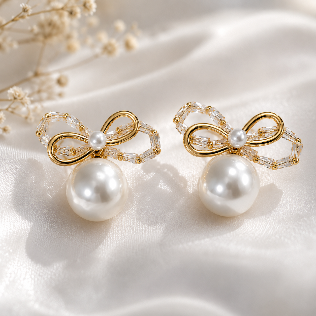 Gold Bow Ribbon Pearl Drop Earrings with Beaded Crystal Accents