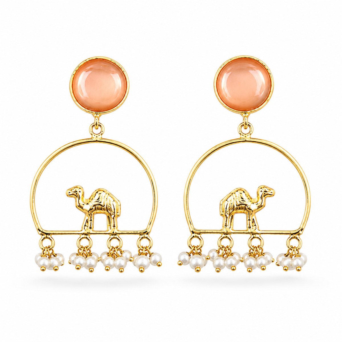 Gold-Plated Camel Chandbali Earrings with Peach Stone & Pearl Tassels