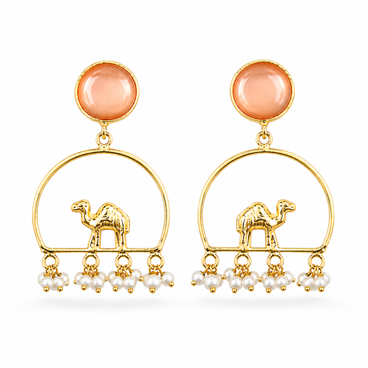 Gold-Plated Camel Chandbali Earrings with Peach Stone & Pearl Tassels