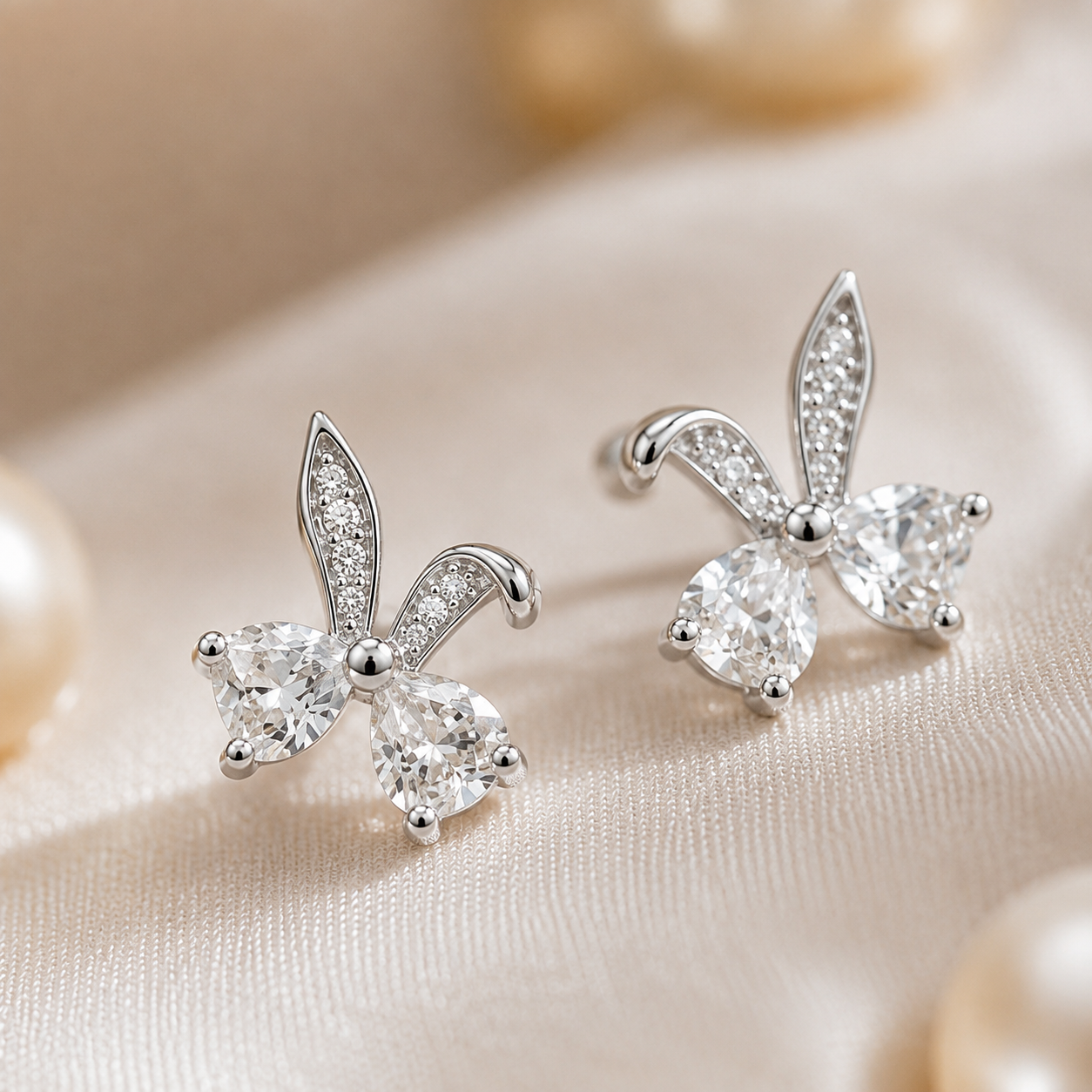 Silver Rhodium-Plated Bunny Bow Crystal Stud Earrings