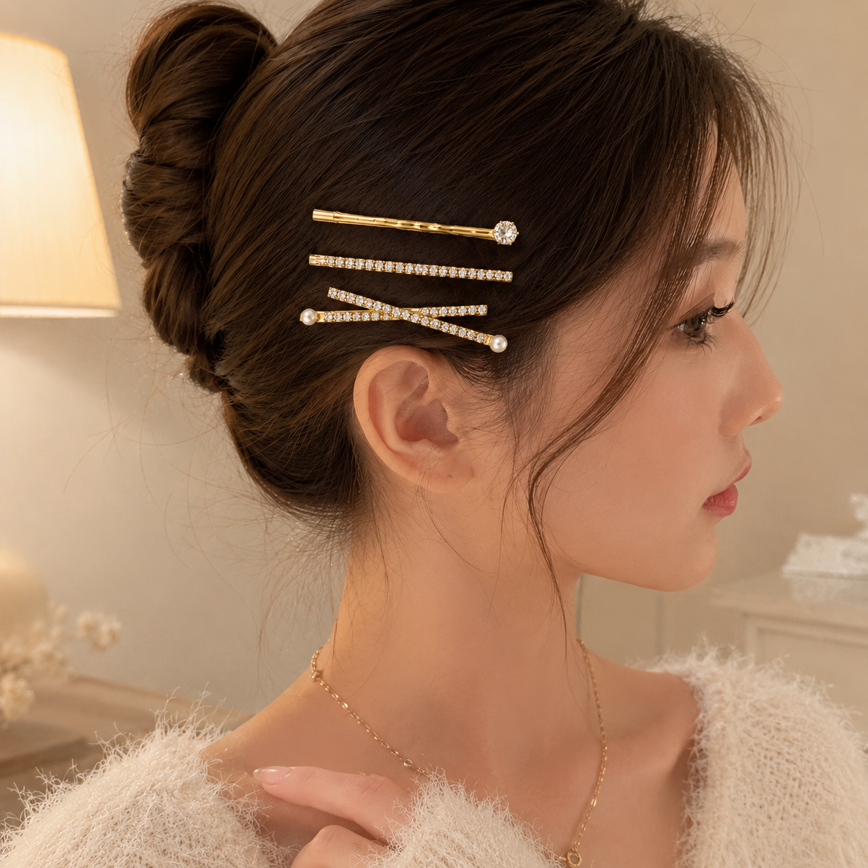 Gold Plated Crystal Rhinestone Hair Pins Set – Pearl Bobby Pins for Women (Pack of 3)