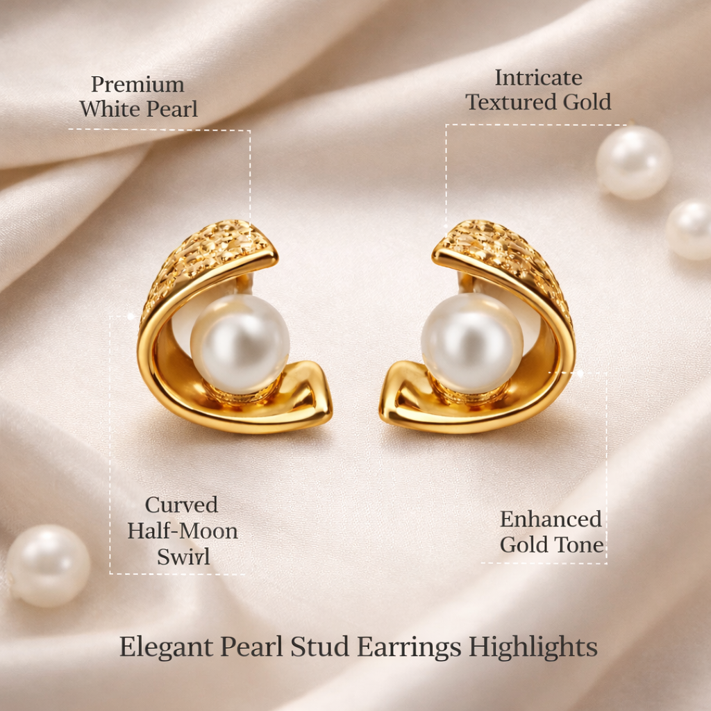 Gold-Plated Textured Swirl Pearl Stud Earrings