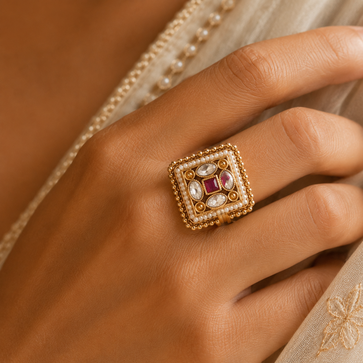 Gold Square Pearl Border Ruby & Crystal Ring