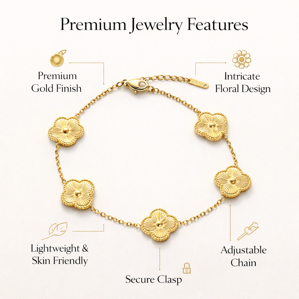 Gold-Plated Stainless Steel Five Clover Charm Bracelet