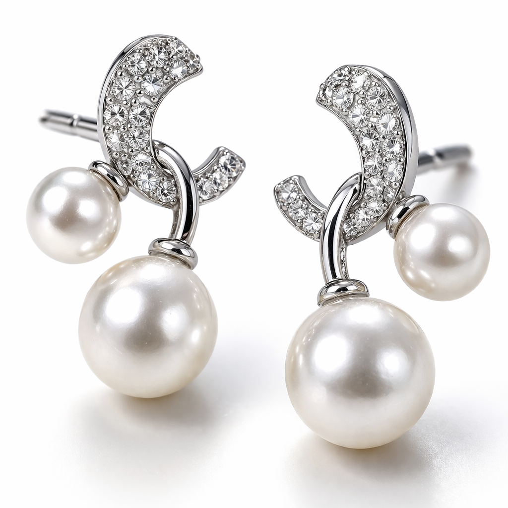 Silver-Tone CZ Crescent Moon Double Pearl Drop Earrings