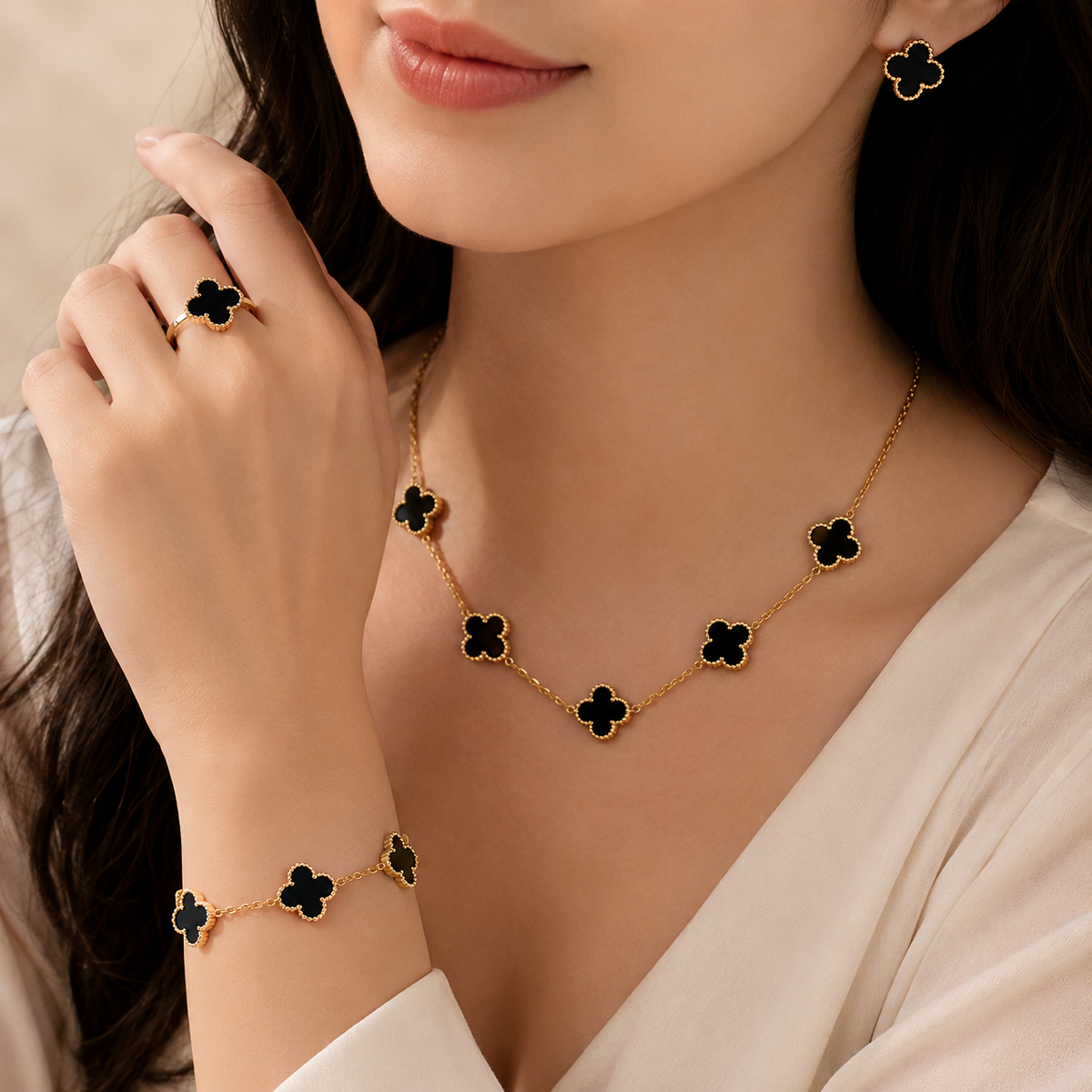 Luxury Four-Leaf Clover 4-Piece Jewelry Set – Gold Plated Necklace, Bracelet, Earrings & Ring