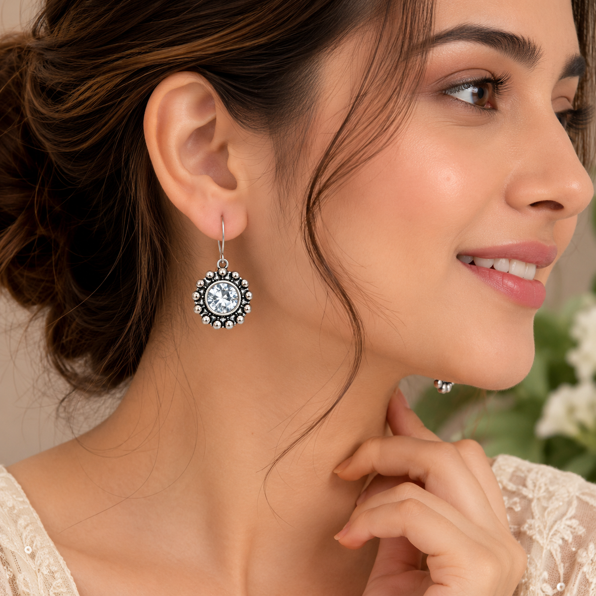 Oxidized Silver Round CZ Beaded Halo Drop Earrings