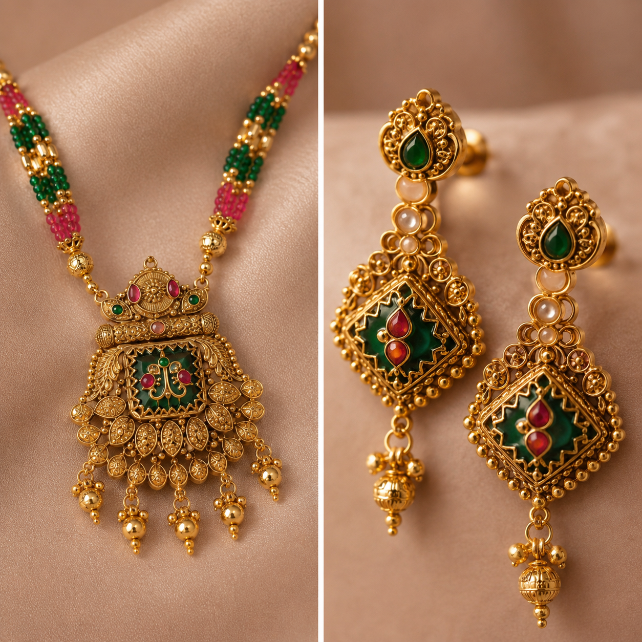 Gold Temple Jewelry Long Necklace Set with Diamond-Shaped Earrings
