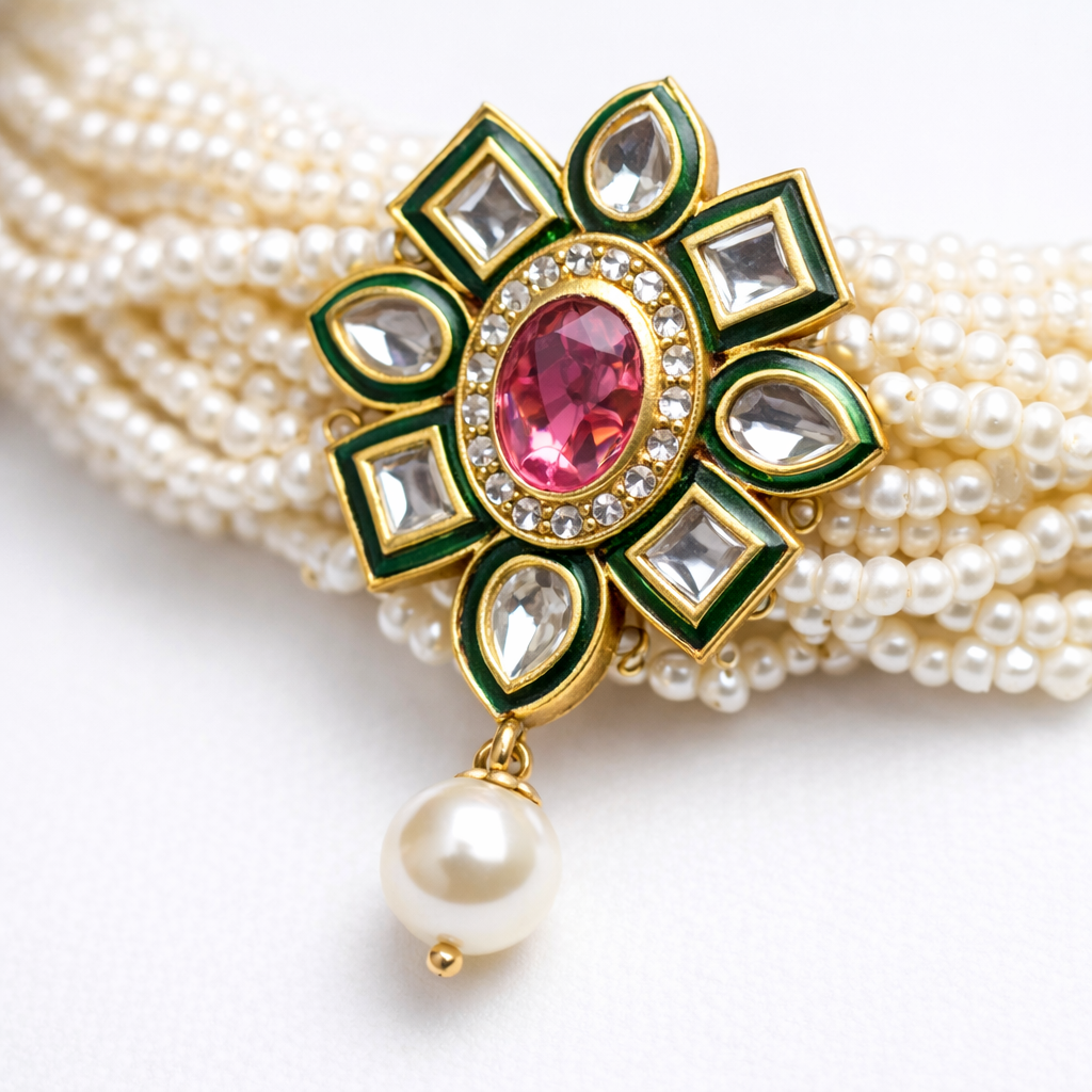 Multi-Strand Pearl Choker Necklace Set with Green Meenakari Flower Pendant