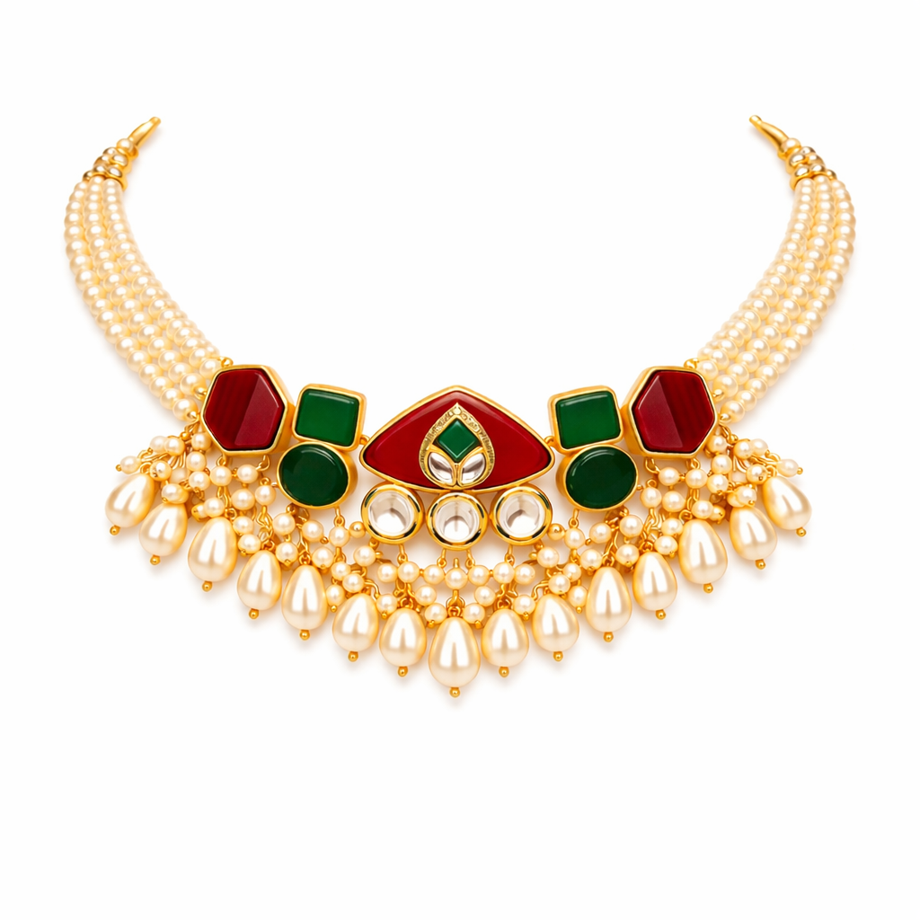 Multi-Strand Pearl Choker Necklace Set with Red & Green Kundan Pendant
