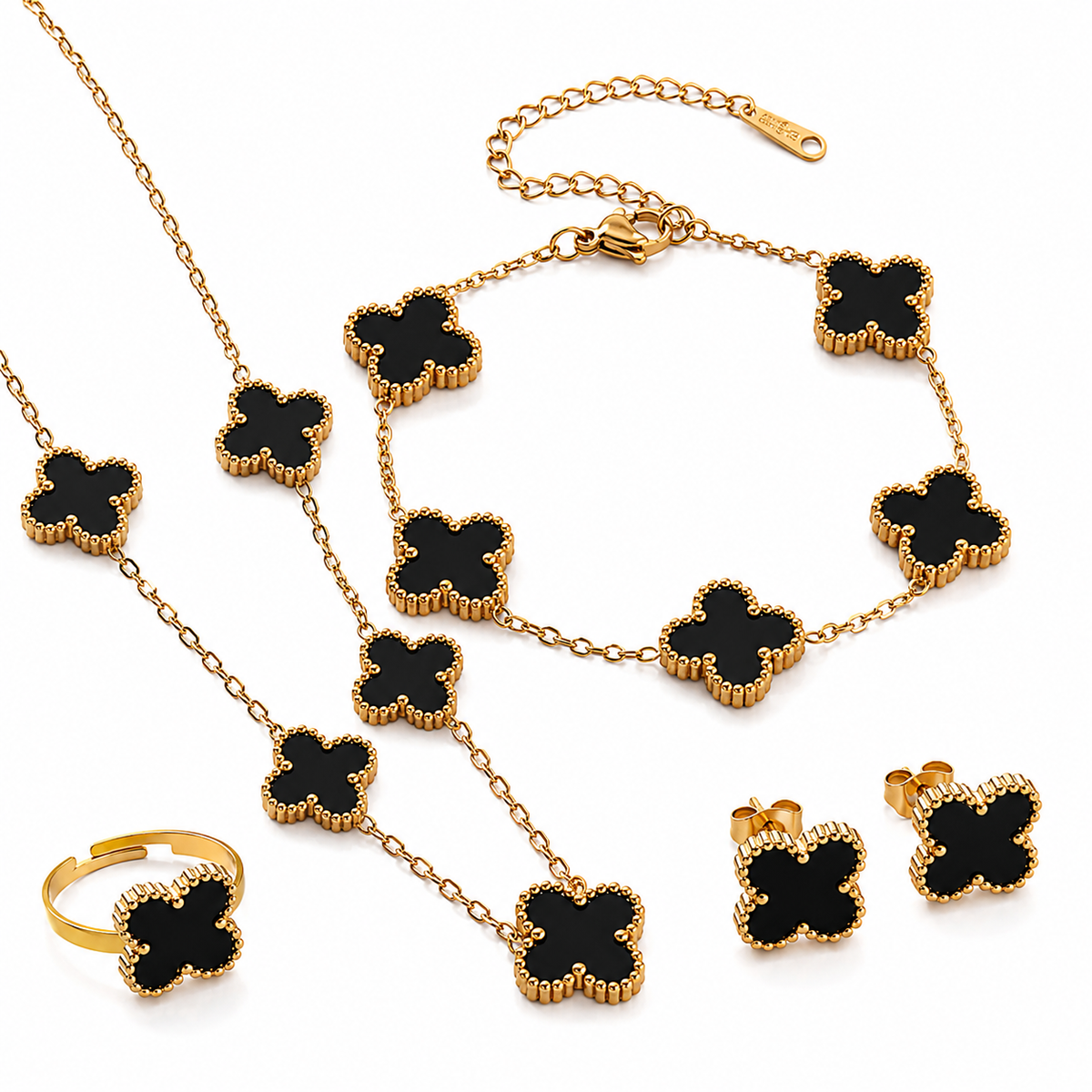 Luxury Four-Leaf Clover 4-Piece Jewelry Set – Gold Plated Necklace, Bracelet, Earrings & Ring
