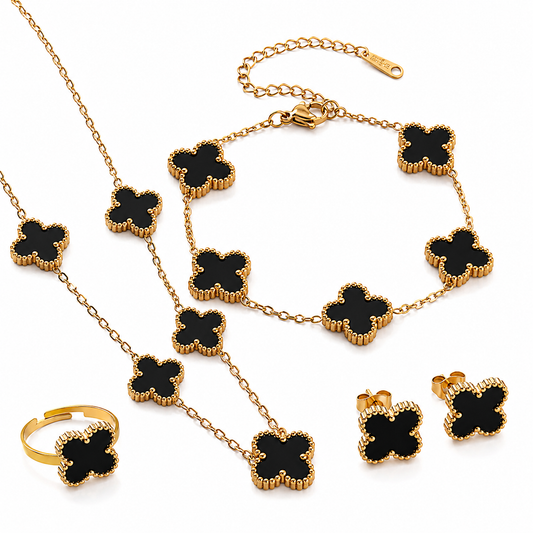 Luxury Four-Leaf Clover 4-Piece Jewelry Set – Gold Plated Necklace, Bracelet, Earrings & Ring