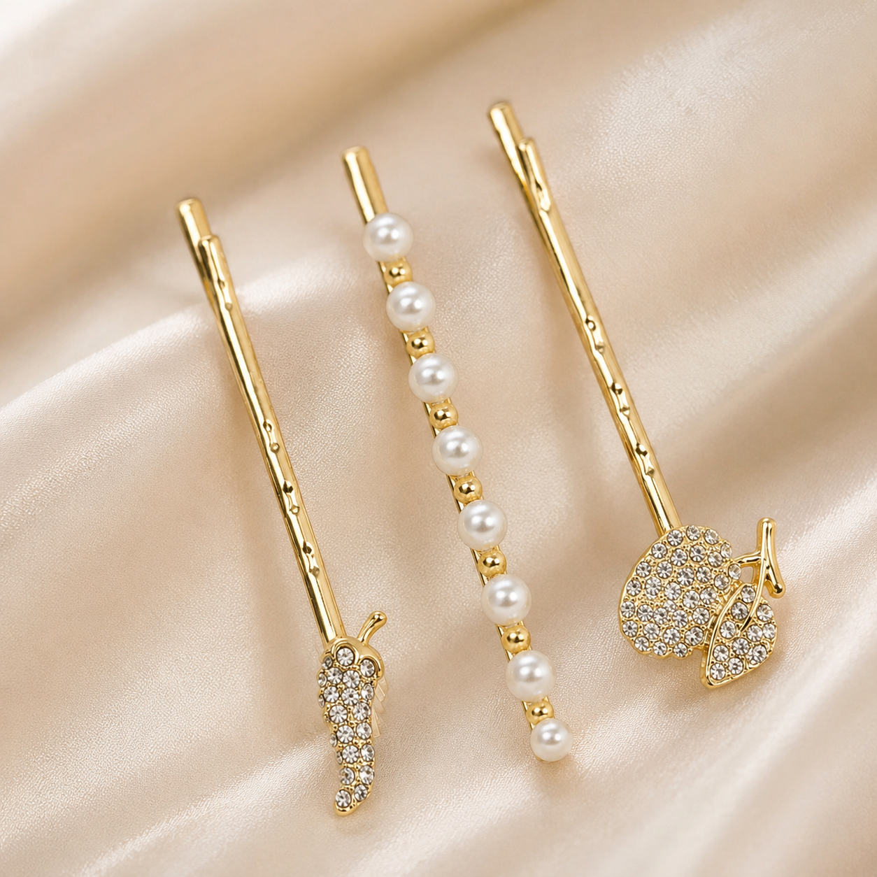Gold Plated Crystal Pearl Hair Pins Set – Cute Fruit Design Bobby Pins for Women (Pack of 3)