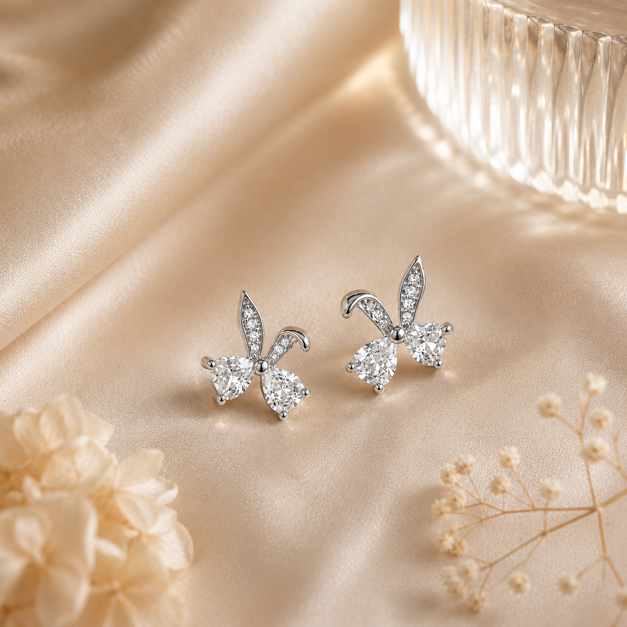 Silver Rhodium-Plated Bunny Bow Crystal Stud Earrings