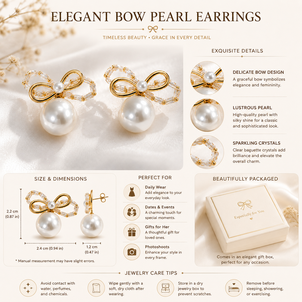 Gold Bow Ribbon Pearl Drop Earrings with Beaded Crystal Accents