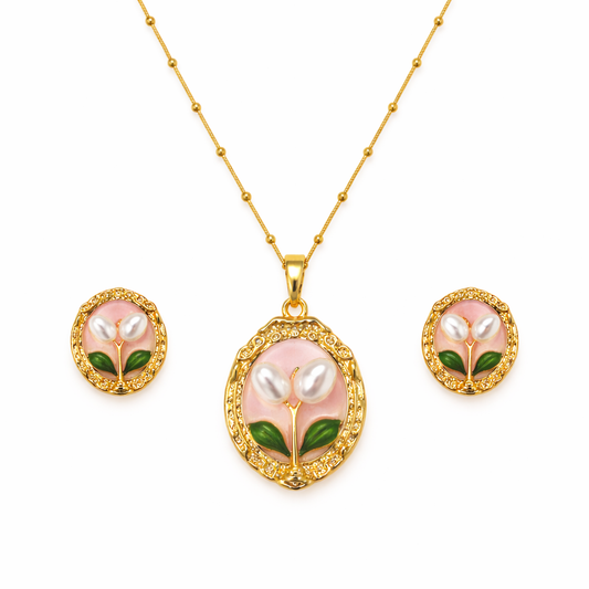 Gold-Plated Pink Enamel Floral Pearl Pendant Necklace & Earrings Set
