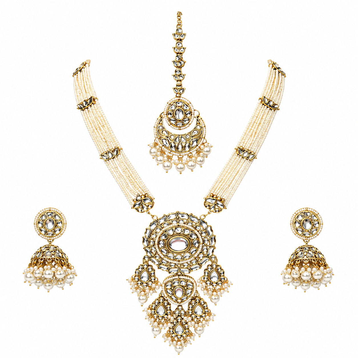 Kundan Pearl Bridal Necklace Set with Maang Tikka & Jhumka Earrings