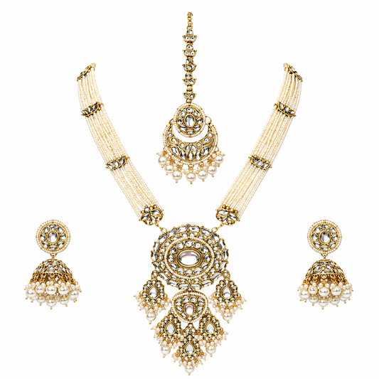 Kundan Pearl Bridal Necklace Set with Maang Tikka & Jhumka Earrings