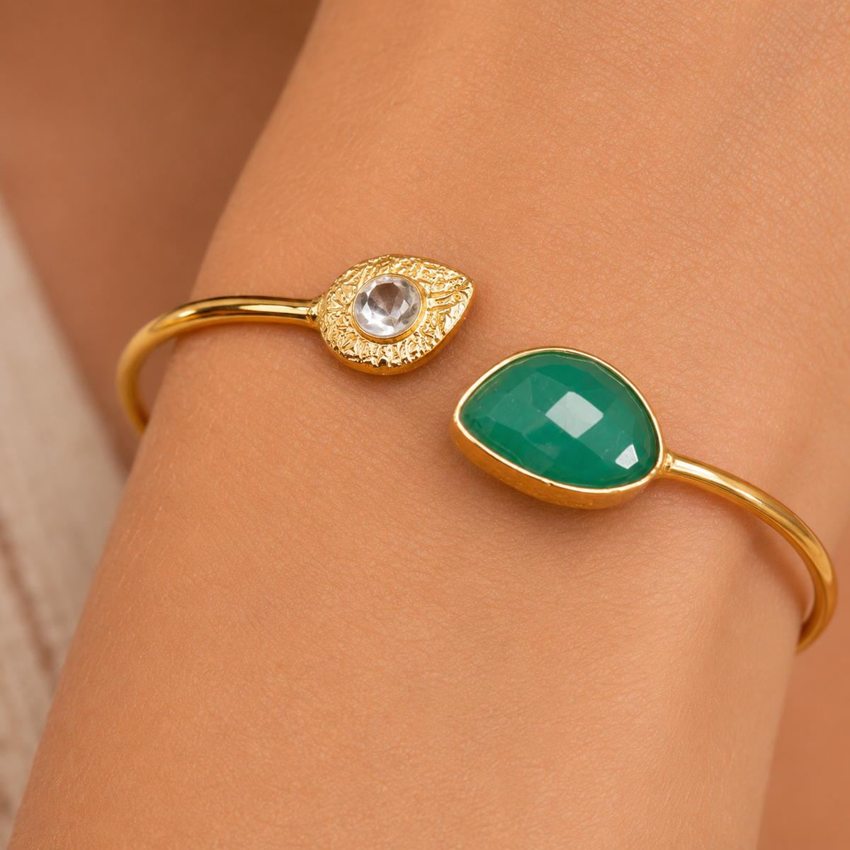 Open Cuff Bangle with Emerald Green & Clear Stone